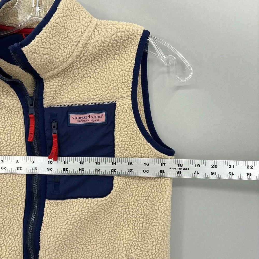 Vineyard Vines Vest Boys 12-14 M Beige Navy Sherpa Fleece Zip Pockets Oatmeal